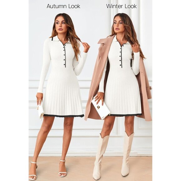 Merokeety Women's White Long Sleeve V Neck Button Knit Pleated Sweater Dress - Picture 5 of 7